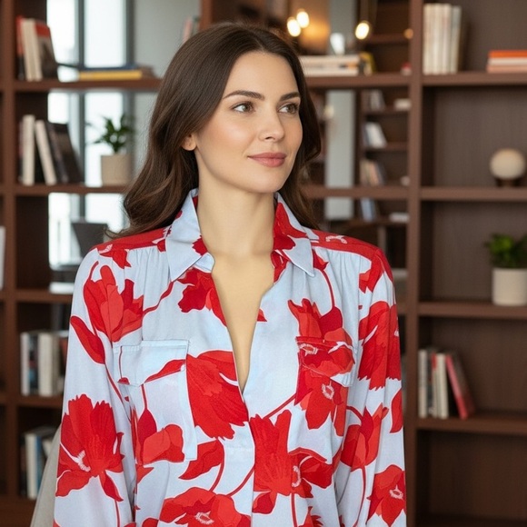 Ann Taylor Tops - Ann Taylor Medium Petite Red Floral Lightweight Work or Casual Blouse